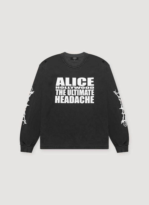 Alice Hollywood Headache Longsleeve Black with white printed logos on sleeves and shirt, front view Headache Longsleeve Black - Authenticated Longsleeves | Pieces Los Angeles