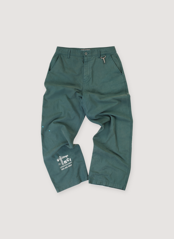 Reese Cooper Logistics Dept. Canvas Trouser Green (Pre-Owned) pants with printed white logos, small paint details, Reese Cooper hook detail, front view Logistics Dept. Canvas Trouser Green (Pre-Owned) - Authenticated Trousers | Pieces Los Angeles