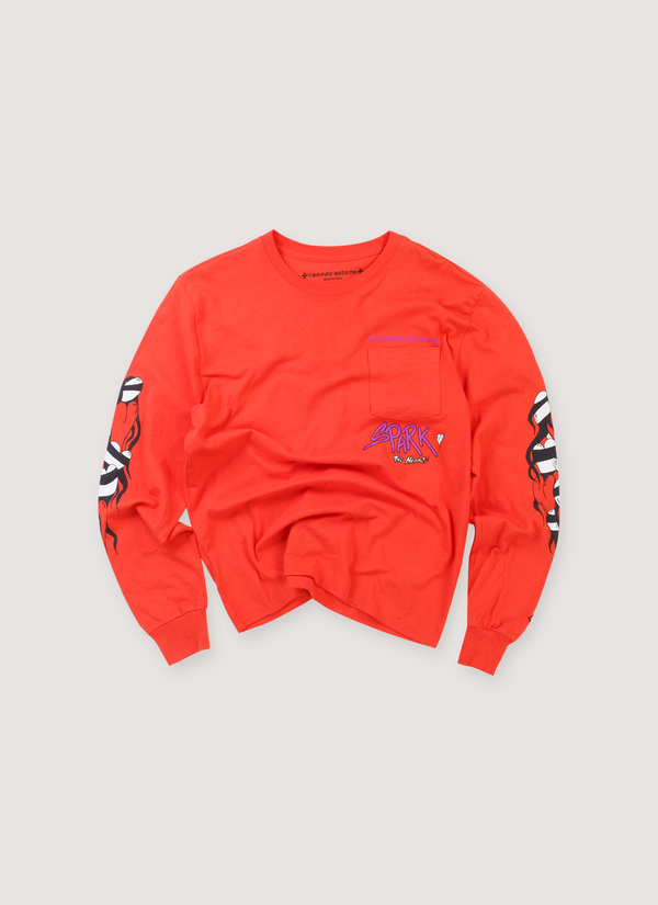 Chrome Hearts Love Sick Longsleeve Red (Pre-Owned) orange with a front chest pocket, and black and white graphic text on the sleeves and shirt, front view Love Sick Longsleeve Red (Pre-Owned) - Authenticated Longsleeves | Pieces Los Angeles