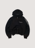 Project G/R Mastermind Reconstructed Folded Sweatshirt Black (Pre-Owned) vintage zip up hoodie garment washed with distressed details, and printed white logo and logo on sleeves, front view Project G/R Mastermind Reconstructed Folded Sweatshirt Black (Pre-Owned) - Image 1 | Authenticated at Pieces Los Angeles