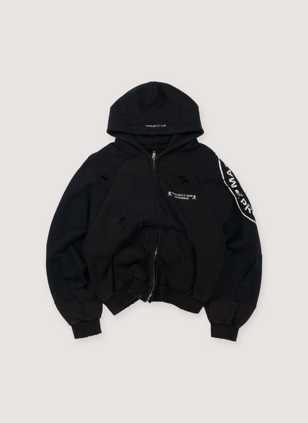 Project G/R Mastermind Reconstructed Folded Sweatshirt Black (Pre-Owned) vintage zip up hoodie garment washed with distressed details, and printed white logo and logo on sleeves, front view Mastermind Reconstructed Folded Sweatshirt Black (Pre-Owned) - Authenticated Sweatshirts | Pieces Los Angeles