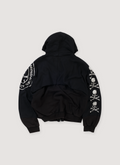 Project G/R Mastermind Reconstructed Folded Sweatshirt Black (Pre-Owned) vintage zip up hoodie garment washed with distressed details, and printed white logo and logo on sleeves, back view Project G/R Mastermind Reconstructed Folded Sweatshirt Black (Pre-Owned) - Image 2 | Authenticated at Pieces Los Angeles