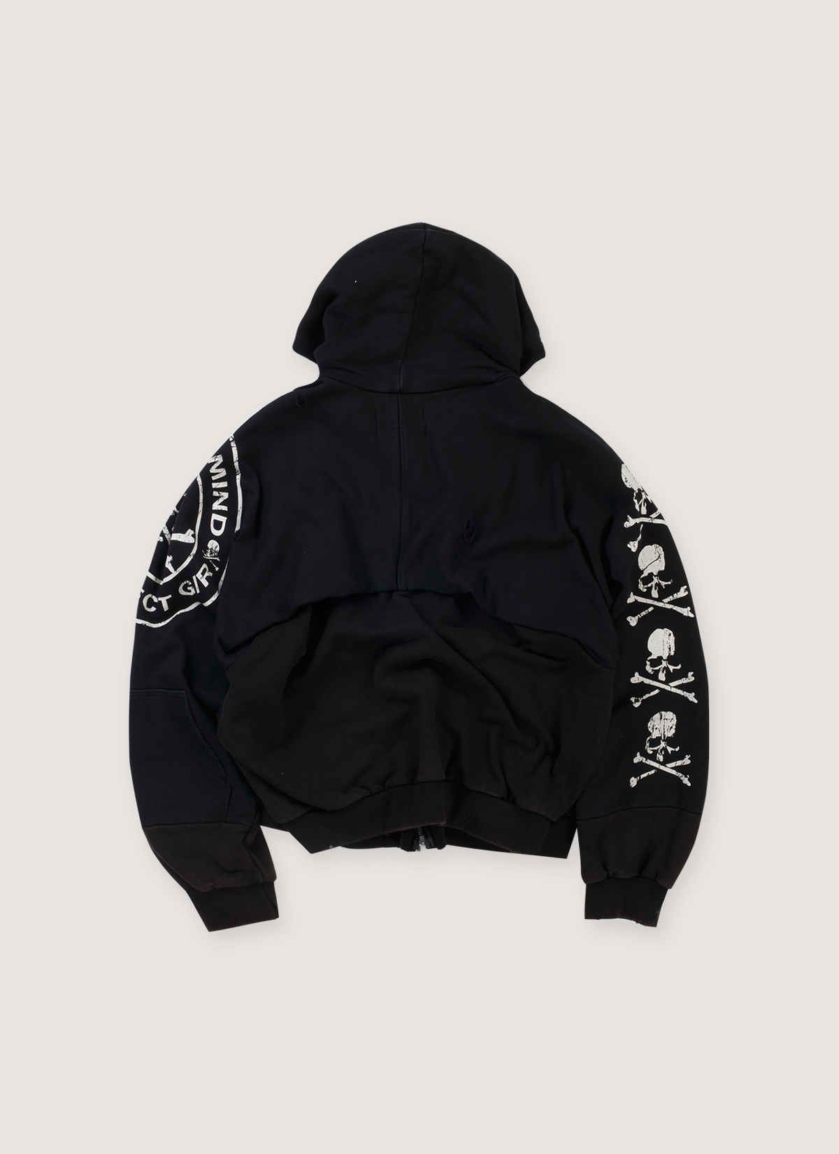 Project G/R Mastermind Reconstructed Folded Sweatshirt Black (Pre-Owned) vintage zip up hoodie garment washed with distressed details, and printed white logo and logo on sleeves, back view Project G/R Mastermind Reconstructed Folded Sweatshirt Black (Pre-Owned) - Image 2 | Authenticated at Pieces Los Angeles