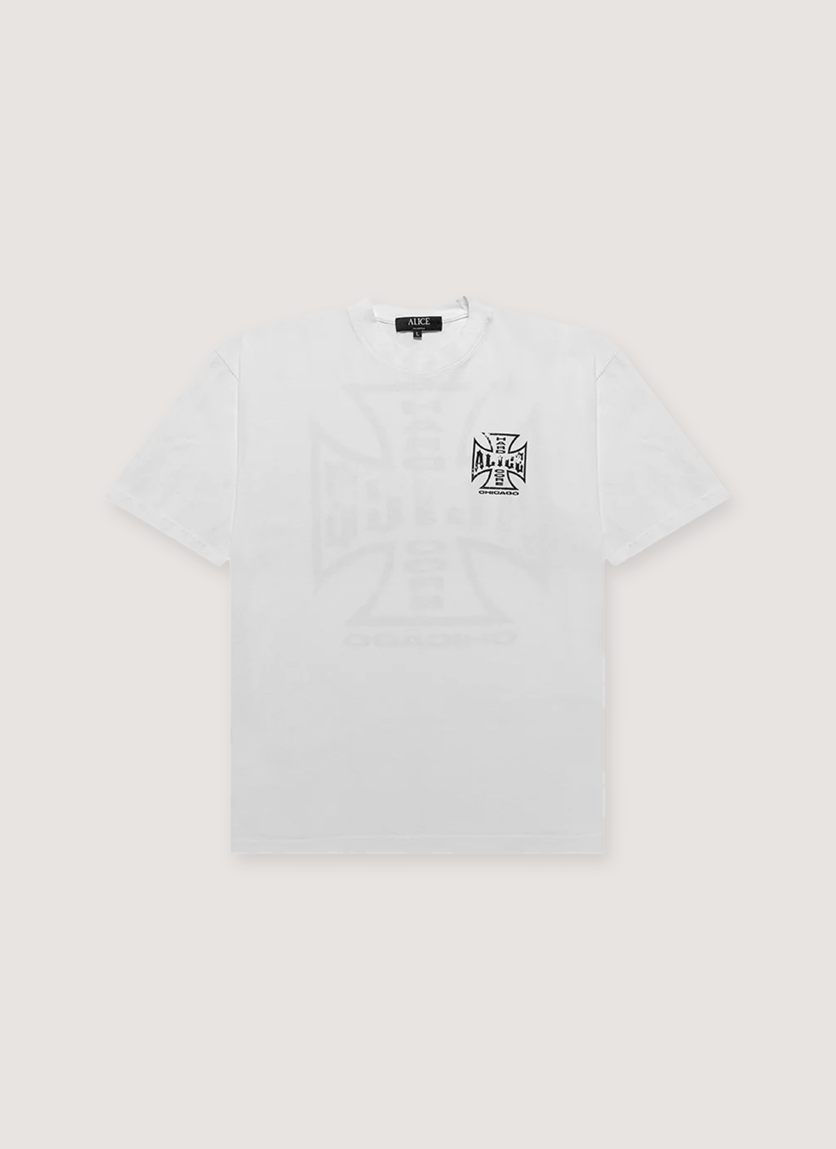 Alice Hollywood Moto Couture Tee Shirt White with printed white and black logos, ribbed neck, front view Alice Hollywood Moto Couture Tee White - Image 1 | Authenticated at Pieces Los Angeles
