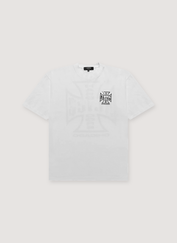 Alice Hollywood Moto Couture Tee Shirt White with printed white and black logos, ribbed neck, front view Moto Couture Tee White - Authenticated T-shirts | Pieces Los Angeles