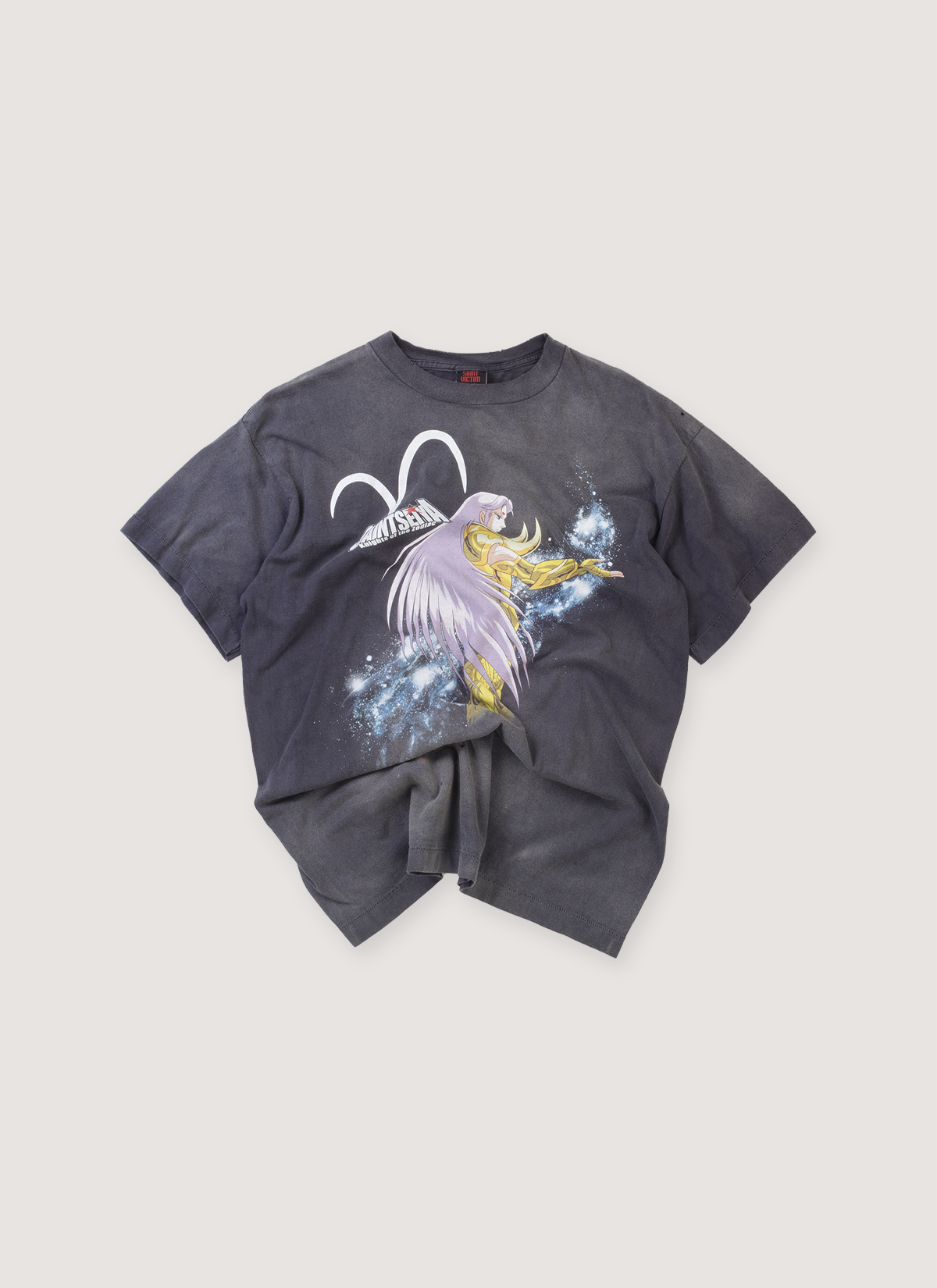 Saint Michael Saint Seiya Mu Tee Shirt Vintage Black (Pre-Owned) with vintag ewash, printed logo of an animated girl with purple hair, distressed details, front view Saint Michael Saint Seiya Mu Tee Vintage Black (Pre-Owned) - Image 1 | Authenticated at Pieces Los Angeles