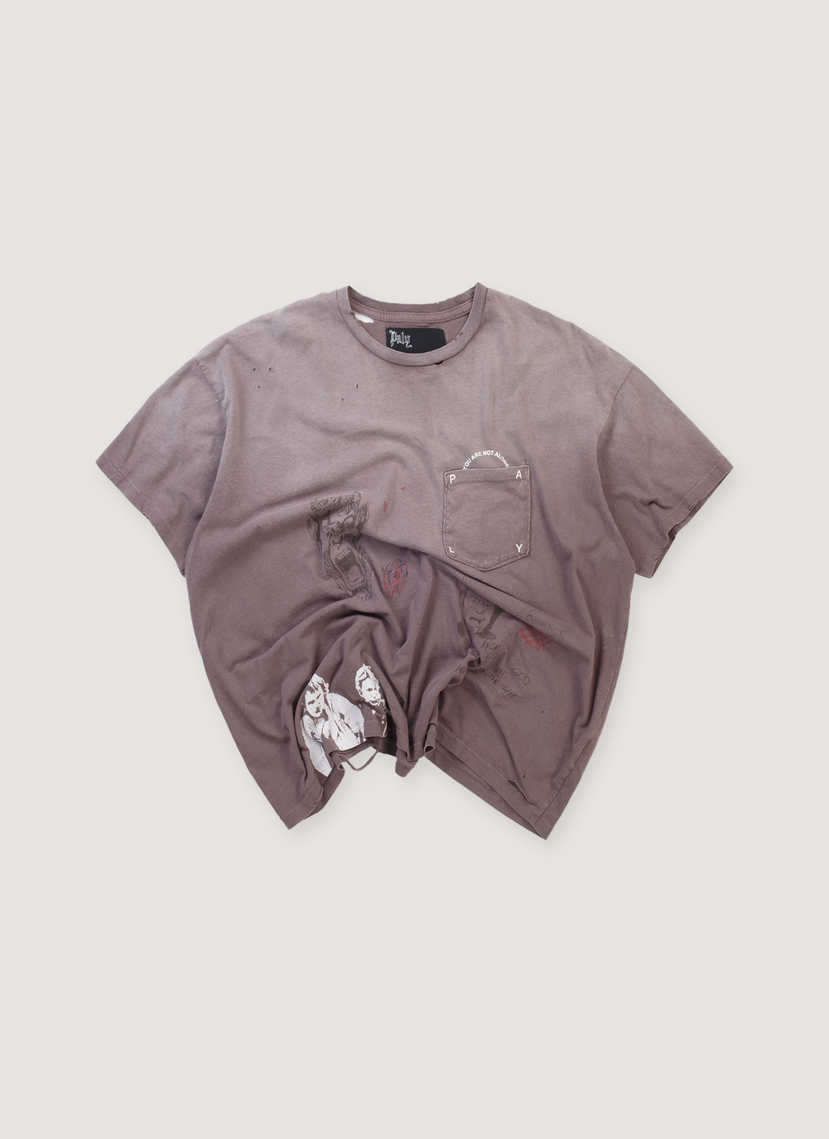 Paly Hollywood You Are Not Alone Tee Shirt Vintage Black (Pre-Owned) with vintage fade, printed logos, hand drawn artwork, hand distressed details, front view