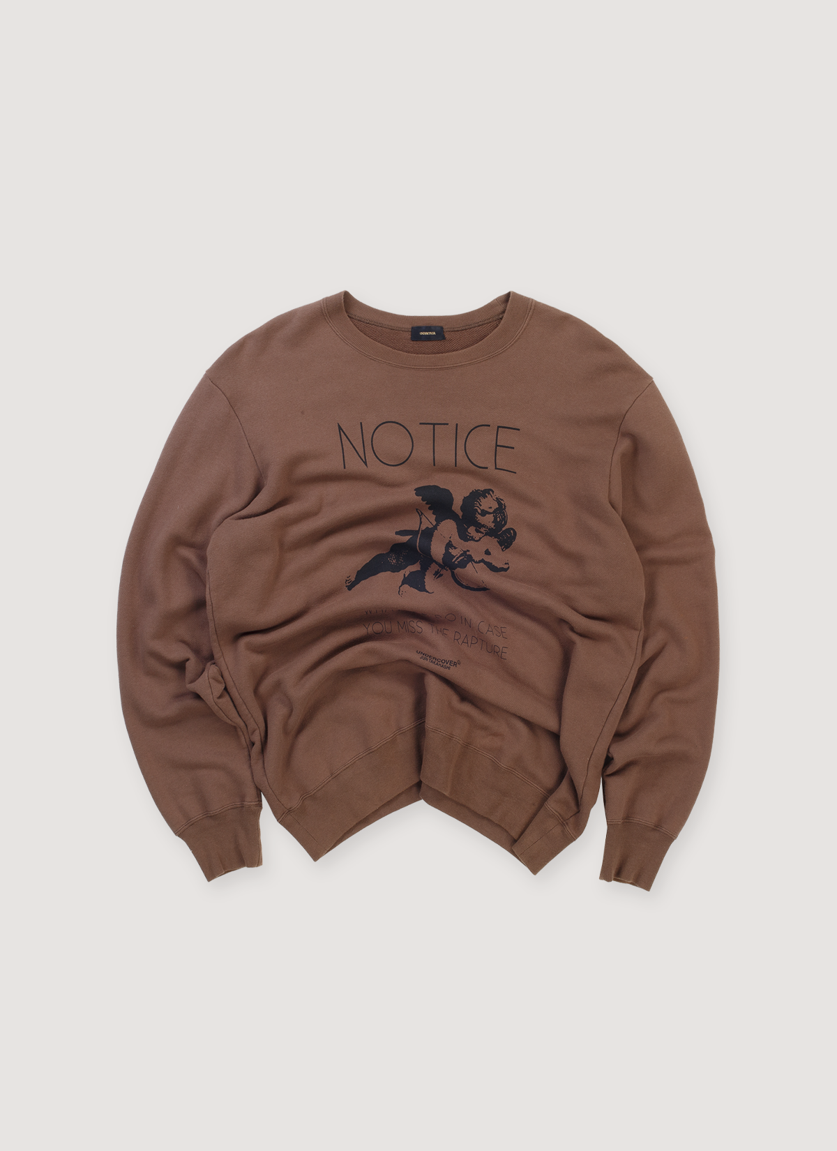 Undercover Notice Sweater Brown Crewneck (Pre-Owned), french terry cotton, printed logos, ribbed collar, cuffs and hem, front view