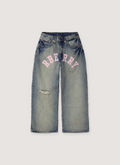 GV Gallery RBERRY Jeans Washed Indigo Denim Pants, 5 pocket design, washed out and distressed, printed pink RBERRY logo, leather RSP backtab, zipper and button fly closure, front view GV Gallery RBERRY Jeans Washed Indigo - Image 1 | Authenticated at Pieces Los Angeles