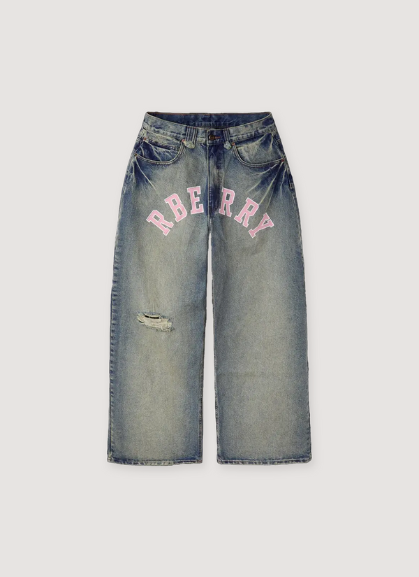 GV Gallery RBERRY Jeans Washed Indigo Denim Pants, 5 pocket design, washed out and distressed, printed pink RBERRY logo, leather RSP backtab, zipper and button fly closure, front view RBERRY Jeans Washed Indigo - Authenticated Jeans | Pieces Los Angeles