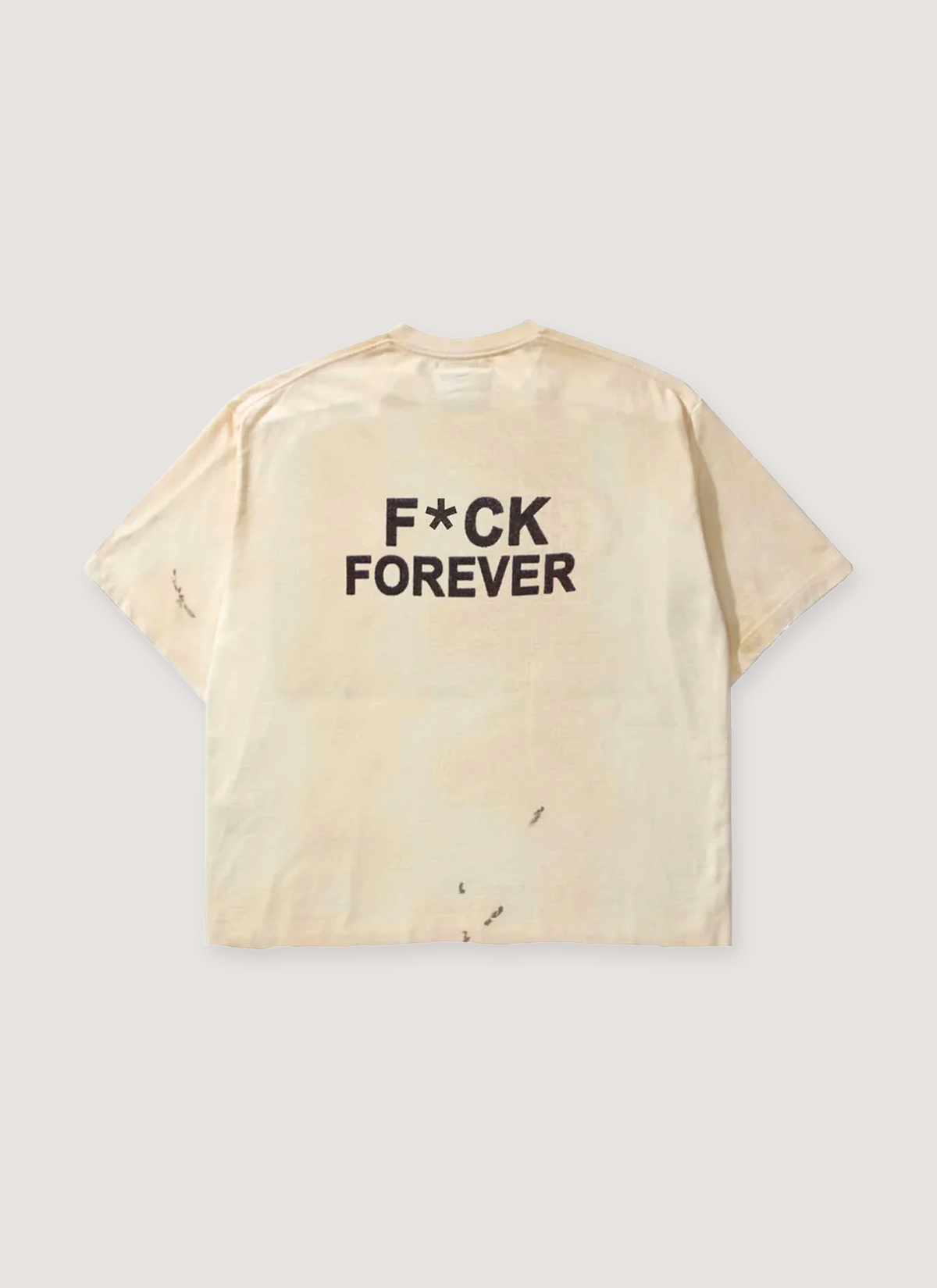Bottega Desires Sex Sells Tee Shirt Vintage White garmen wash and dye, double front tee design, printed black graphic text that says Fuck Forever, embroisered logos, distressed details, back view Bottega Desires Sex Sells Tee Vintage White - Image 2 | Authenticated at Pieces Los Angeles