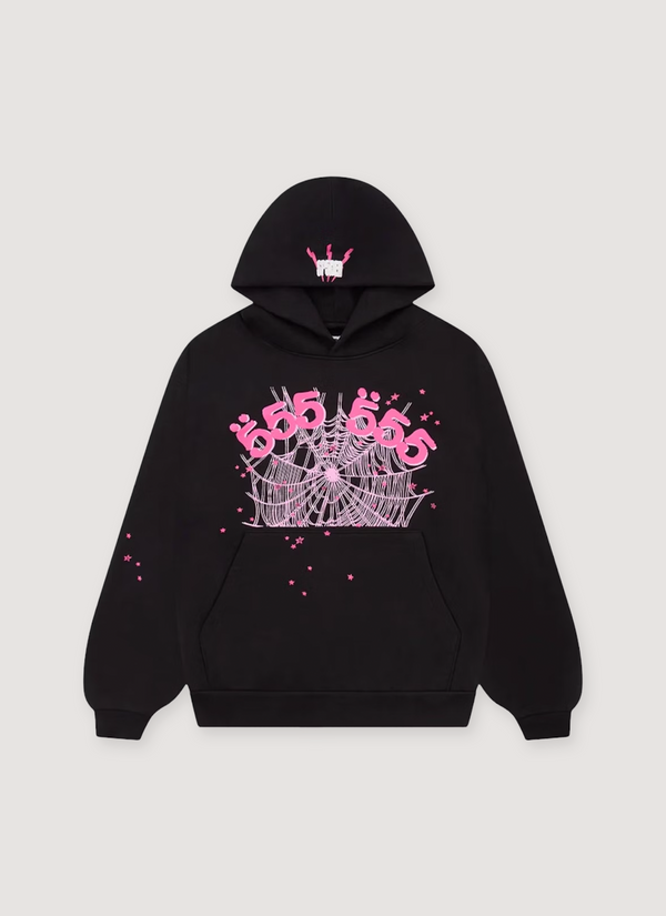 Sp5der Worldwide Angel Number Sweatshirt Black Pink hoodie with spider web design front view Angel Number Sweatshirt Black Pink - Authenticated Sweatshirts | Pieces Los Angeles