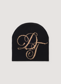 Denim Tears DT Script Beanie Black acrylic with woven DT logo, front view Denim Tears DT Script Beanie Black - Image 1 | Authenticated at Pieces Los Angeles