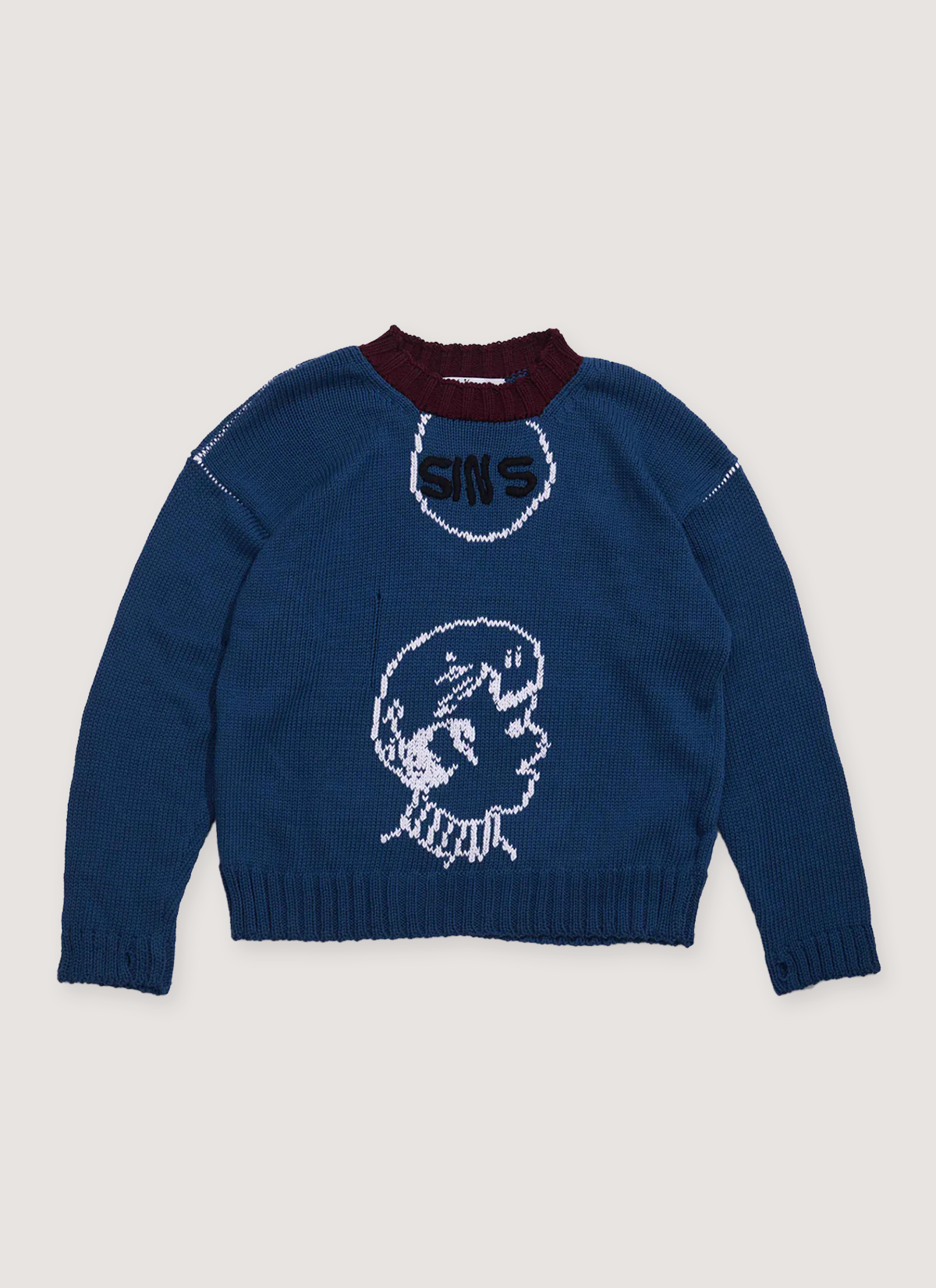 Paly Hollywood Sins Hand Knitted Sweater Navy with french roll collar, thumb holes, and woven white graphic of a young boy, distressed yarn, front view Paly Hollywood Sins Hand Knitted Sweater Navy - Image 1 | Authenticated at Pieces Los Angeles
