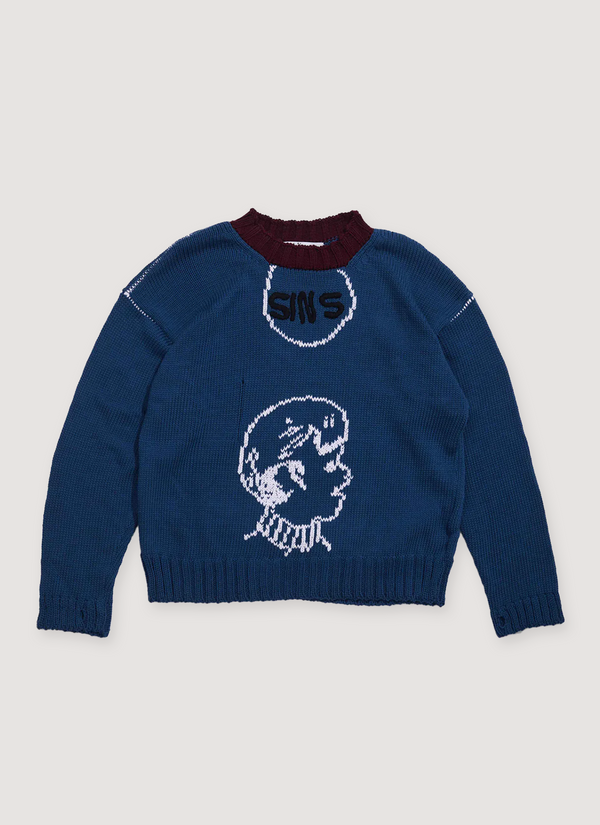 Paly Hollywood Sins Hand Knitted Sweater Navy with french roll collar, thumb holes, and woven white graphic of a young boy, distressed yarn, front view Sins Hand Knitted Sweater Navy - Authenticated Sweaters | Pieces Los Angeles