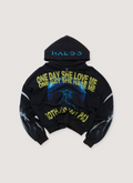 Haunted Starbucks Evil Skeleton Zip Up Sweatshirt Hoodie (Pre-Owned) French terry cotton, printed logos, distressed details, heavyweight metal zipper, yellow and blue text, Halo 3, front view Haunted Starbucks Evil Skeleton Zip Up Sweatshirt (Pre-Owned) - Image 1 | Authenticated at Pieces Los Angeles