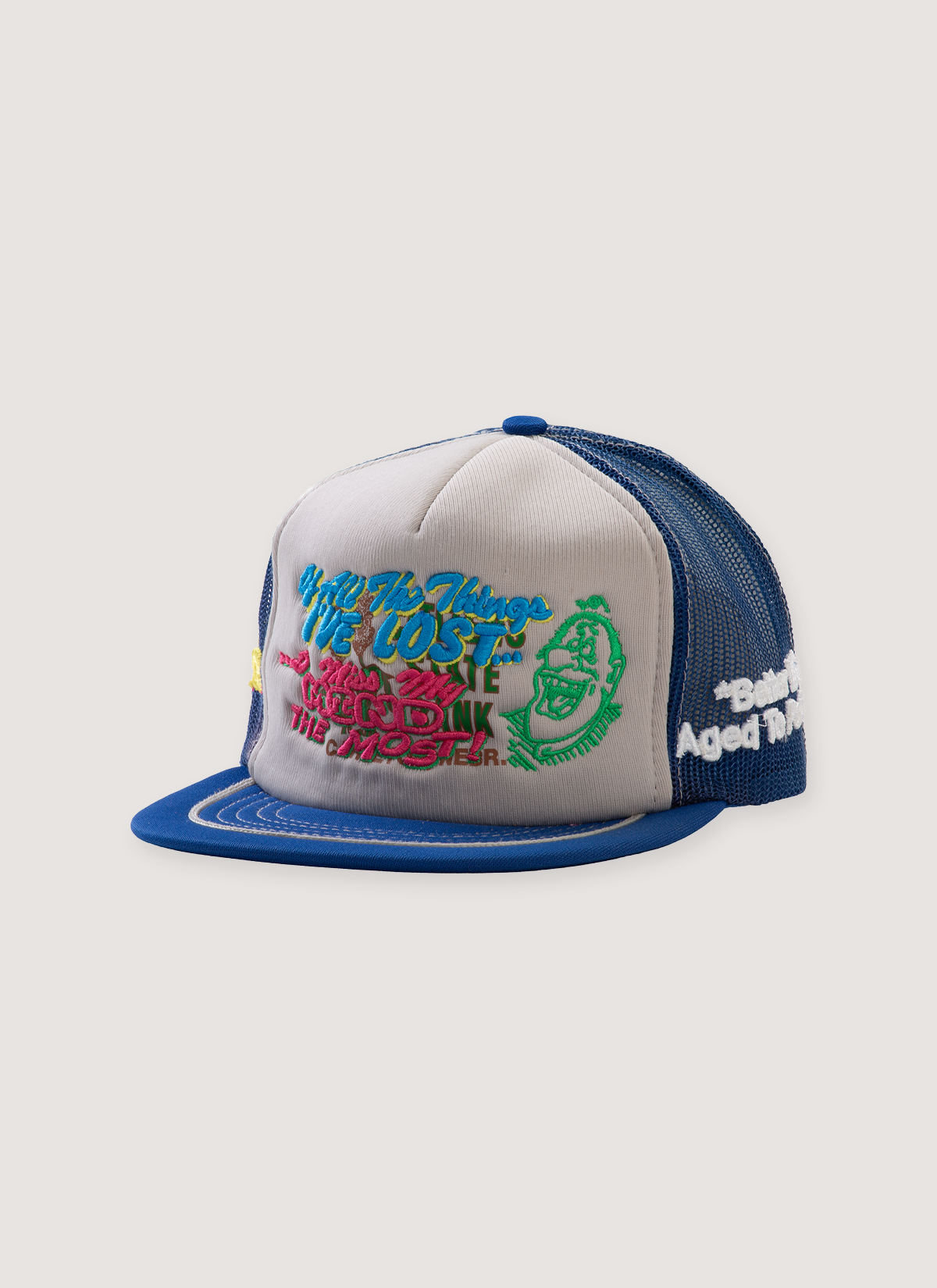 Better With Age Summer of '69 Trucker Hat Blue White with 3D emroidery logo text in red blue and green, front view Better With Age Summer of '69 Trucker Hat Blue - Image 1 | Authenticated at Pieces Los Angeles