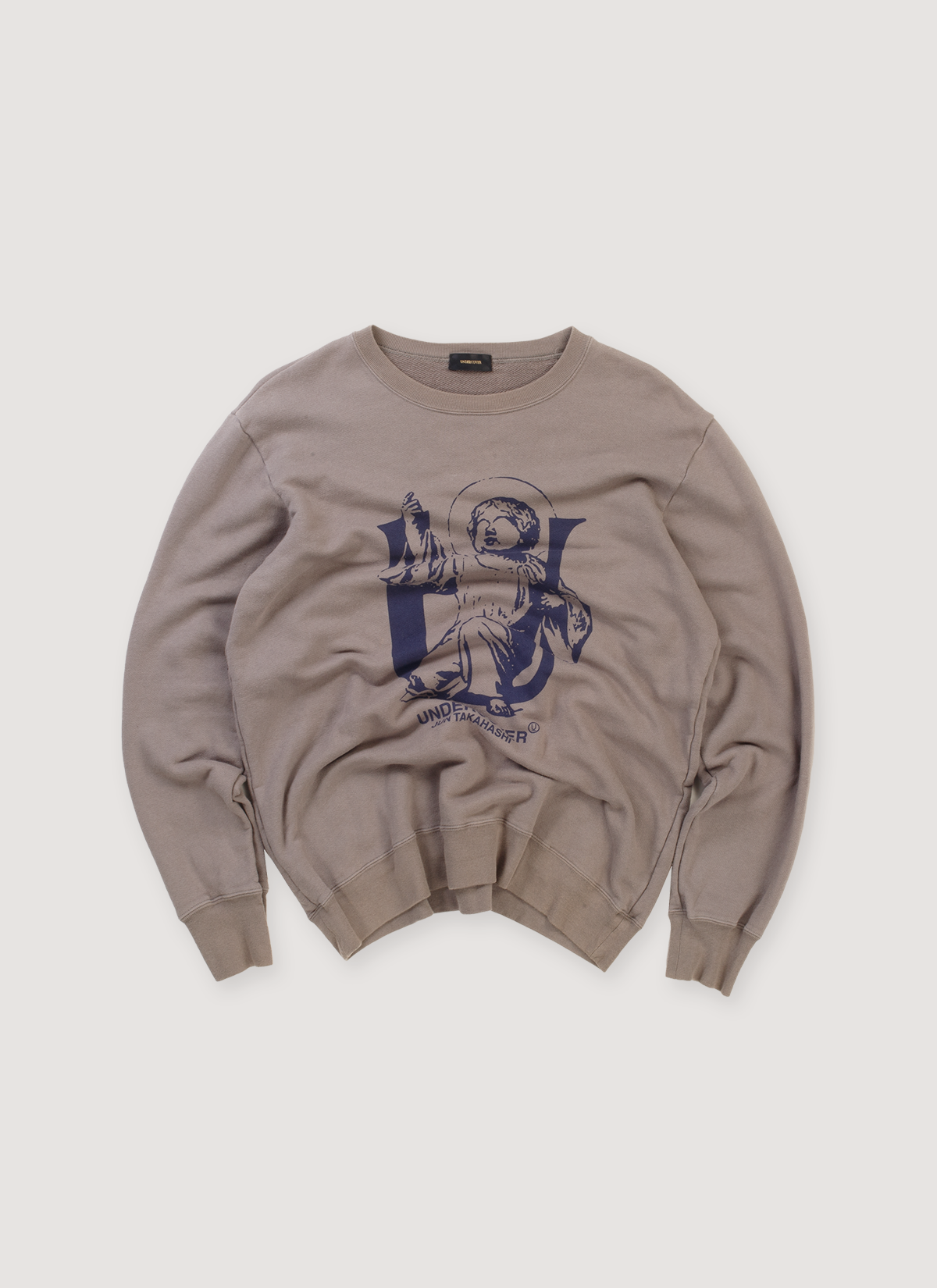 Undercover Angel U Sweater Grey (Pre-Owned), black printed logo graphic of an angel with a halo, ribbed collar, cuffs, and hem, front view