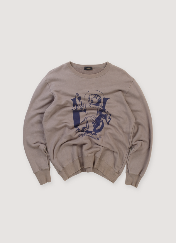 Undercover Angel U Sweater Grey (Pre-Owned), black printed logo graphic of an angel with a halo, ribbed collar, cuffs, and hem, front view Angel U Sweater Grey (Pre-Owned) - Authenticated Sweaters | Pieces Los Angeles