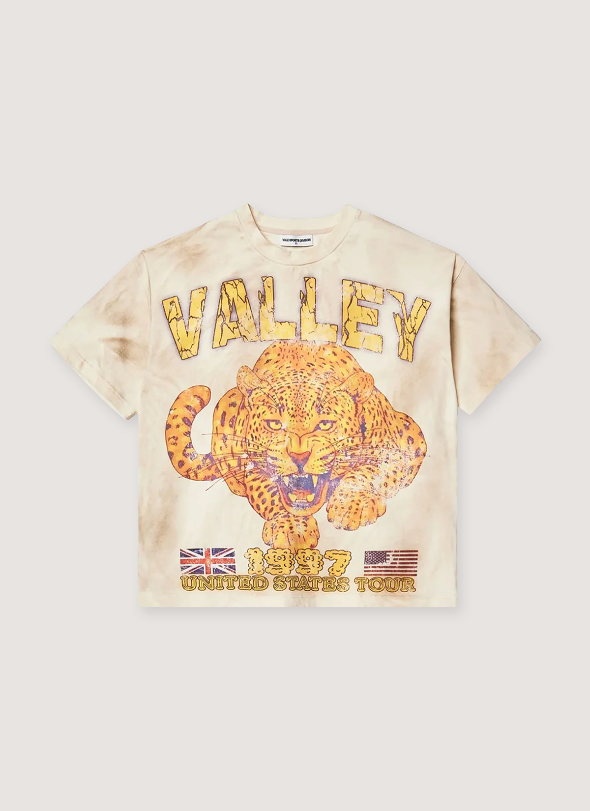 Vale Forever Cheetah Tee Shirt Vintage Tan with vintage wash and printed graphic logo of a cheetah, front view
