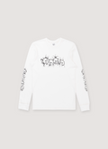 Basketcase Gallery Afflicted Thermal Bone white longsleeve shirt front view with skull design on the shirt and sleeves Basketcase Gallery Afflicted Thermal Bone - Image 1 | Authenticated at Pieces Los Angeles