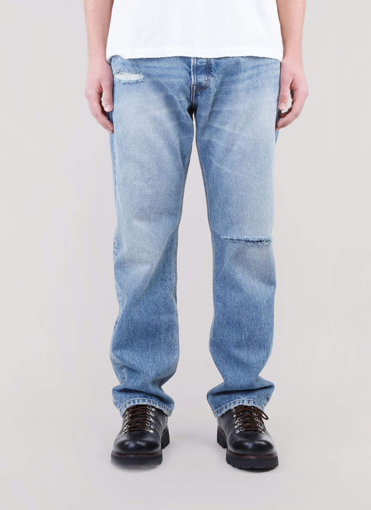 Pieces Alexander Denim Washed Indigo Blue Jeans on-body shot front view waist down