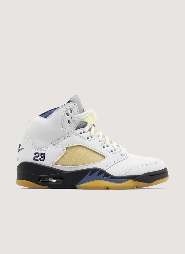Jordan A Ma Maniére Retro 5 Dawn shoe (Womens) (2023) white tan black and navy blue side view A Ma Maniére Retro 5 Dawn (Womens) (2023) - Authenticated Sneakers | Pieces Los Angeles