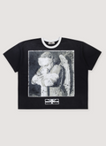Vertabrae Vross Pain Tee Shirt Black White with printed logo graphic of an angel, distressed details, vintag ewash and fade, contrast white neck ribbing, front view Vertabrae Vross Pain Tee Black White - Image 1 | Authenticated at Pieces Los Angeles