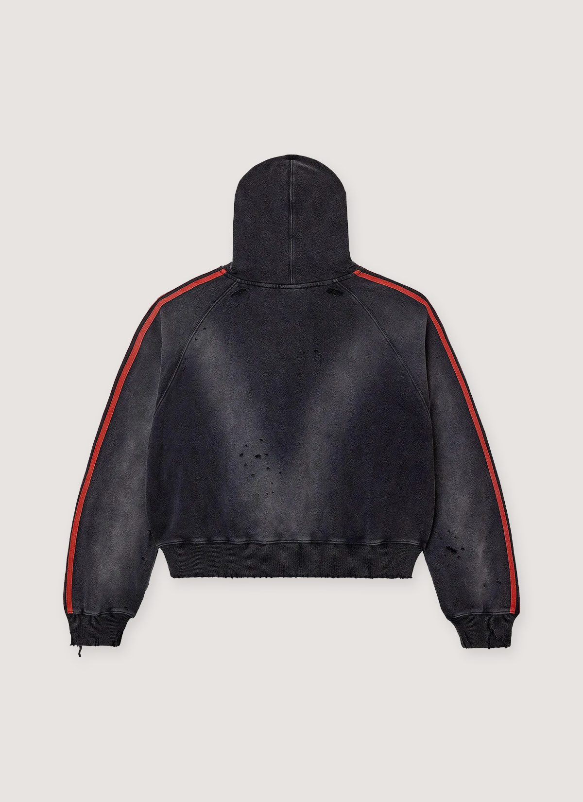 Vale Forever Anthem Sweatshirt Black Red Hoodie distressed washed with holes, red lines coming down the sleeves, and holes and tears in the hoodie, back view