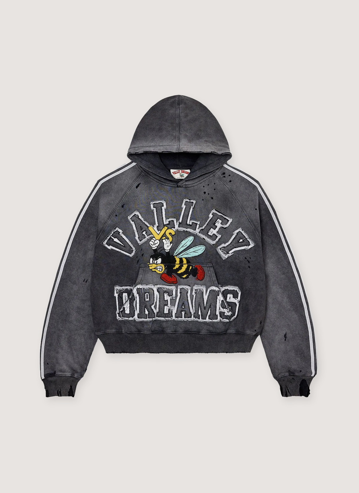 Vale Forever Anthem Sweatshirt Mono Black distressed hoodie with holes and big white text, white lines coming down the sleeves, a cartoon graphic of a bee, front view