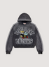 Vale Forever Anthem Sweatshirt Mono Black distressed hoodie with holes and big white text, white lines coming down the sleeves, a cartoon graphic of a bee, front view