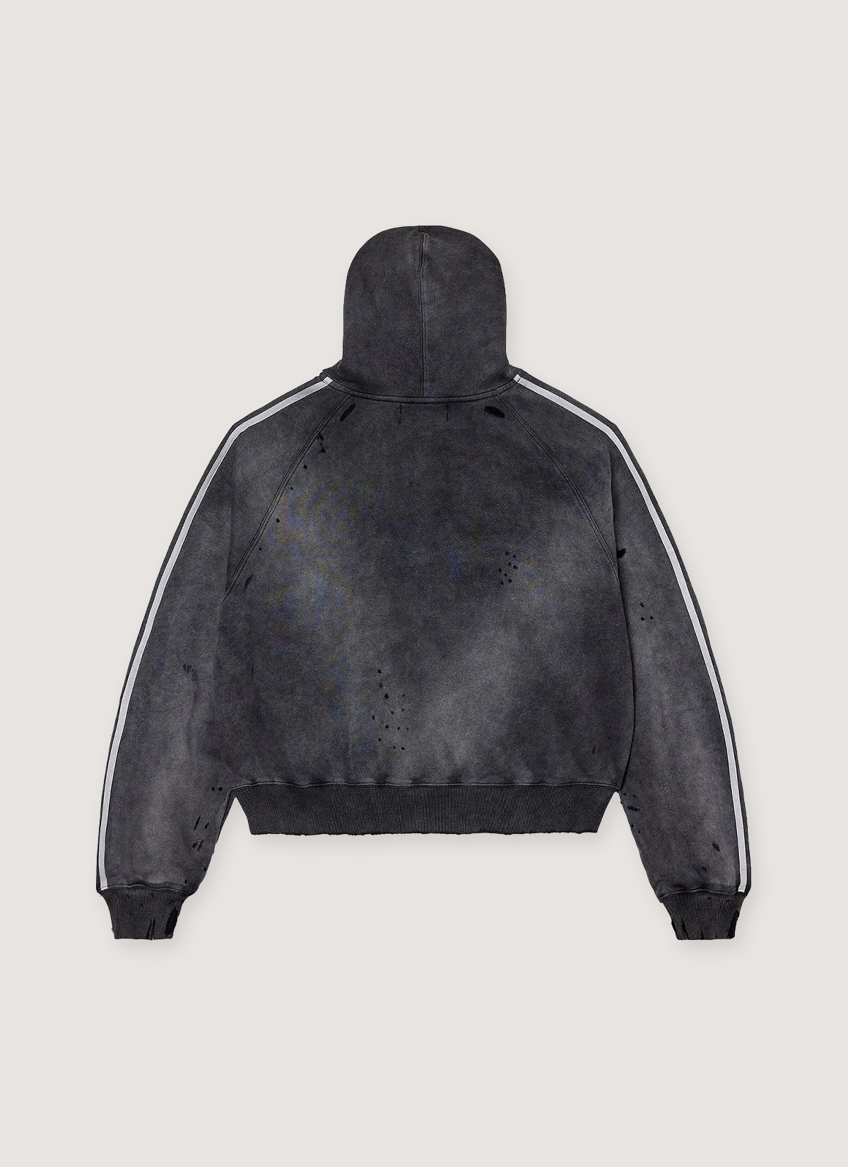 Vale Forever Anthem Sweatshirt Mono Black distressed hoodie with holes and big white text, white lines coming down the sleeves, back view