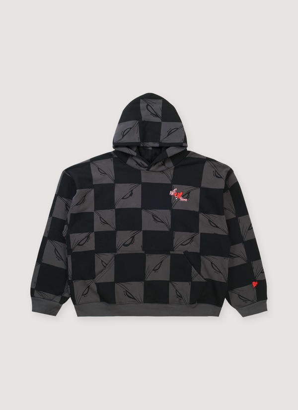 Anti-Promo Matty Boy 99 Eyes Sweatshirt Black Grey checkered Hoodie cotton fleece, all over printed design, printed logos, embroidered sleeve logo, ribbed cuff and hem, front view Matty Boy 99 Eyes Sweatshirt Black Grey - Authenticated Sweatshirts | Pieces Los Angeles