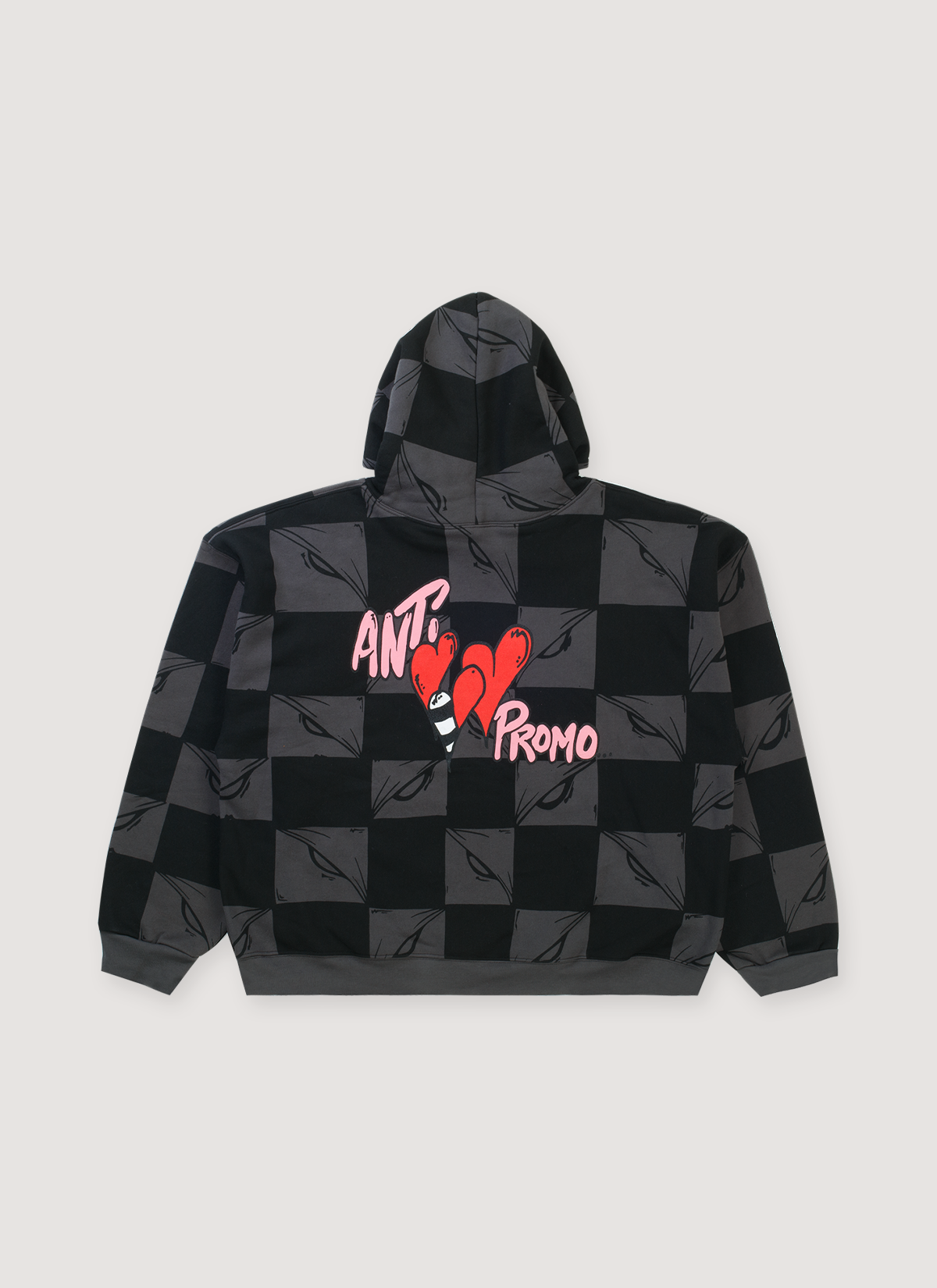 Anti-Promo Matty Boy 99 Eyes Sweatshirt Black Grey checkered Hoodie cotton fleece, all over printed design, printed logos, embroidered sleeve logo, ribbed cuff and hem, bakc view Anti-Promo Matty Boy 99 Eyes Sweatshirt Black Grey - Image 2 | Authenticated at Pieces Los Angeles
