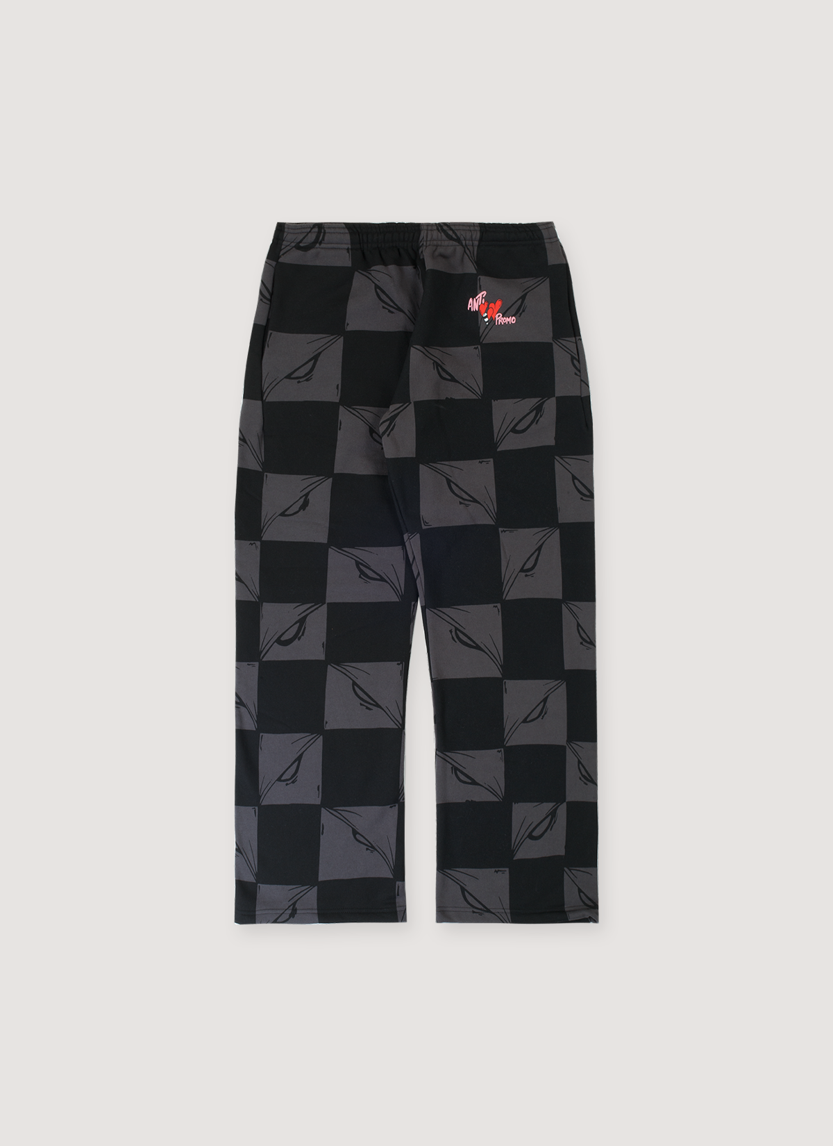 Anti Promo Matty Boy 99 Eyes Sweatpants Black Grey checkered all over printed pattern, cotton fleece, printed logos, elasticated waistband, front view Anti-Promo Matty Boy 99 Eyes Sweatpants Black Grey - Image 1 | Authenticated at Pieces Los Angeles