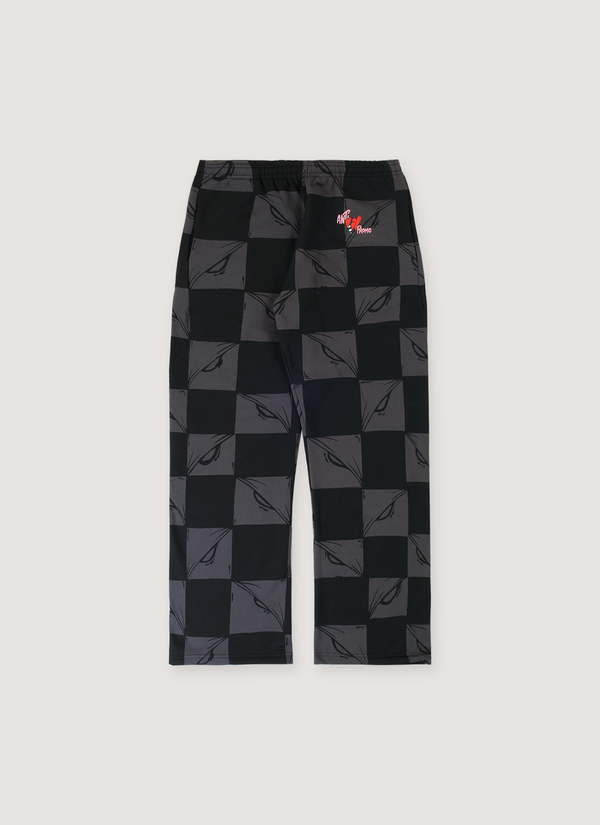 Anti Promo Matty Boy 99 Eyes Sweatpants Black Grey checkered all over printed pattern, cotton fleece, printed logos, elasticated waistband, front view Matty Boy 99 Eyes Sweatpants Black Grey - Authenticated Sweatpants | Pieces Los Angeles
