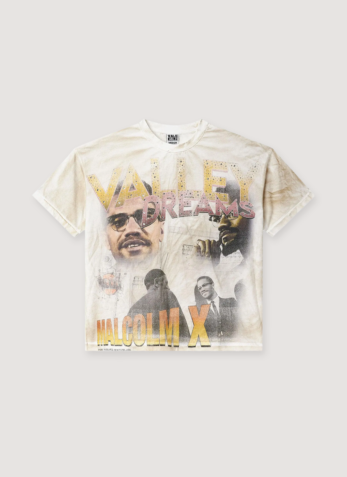 Vale Forever By Any Means Bling Tee Shirt Cream dirty vintage, with faded graphics of Malcom X, front view Vale Forever By Any Means Bling Tee Cream - Image 1 | Authenticated at Pieces Los Angeles