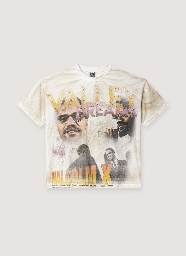 Vale Forever By Any Means Bling Tee Shirt Cream dirty vintage, with faded graphics of Malcom X, front view By Any Means Bling Tee Cream - Authenticated T-shirts | Pieces Los Angeles