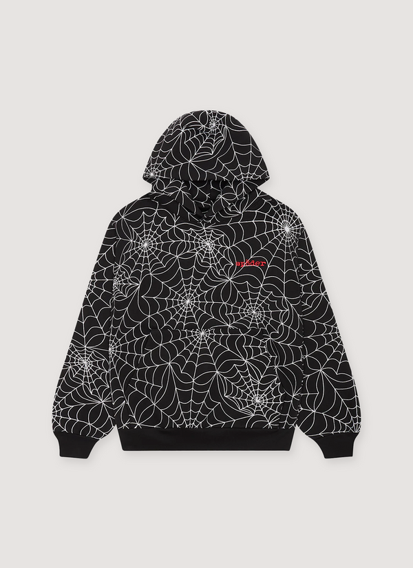 Sp5der Worldwide Embroidered AOP Sweatshirt Black Hoodie with white spiderwebs all over, front view Embroidered AOP Sweatshirt Black - Authenticated Sweatshirts | Pieces Los Angeles