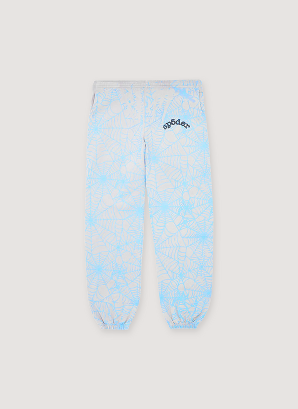 Sp5der AOP Sweatpants Grey White with blue spider web designs all over it, front view AOP Sweatpants Grey Blue - Authenticated Sweatpants | Pieces Los Angeles
