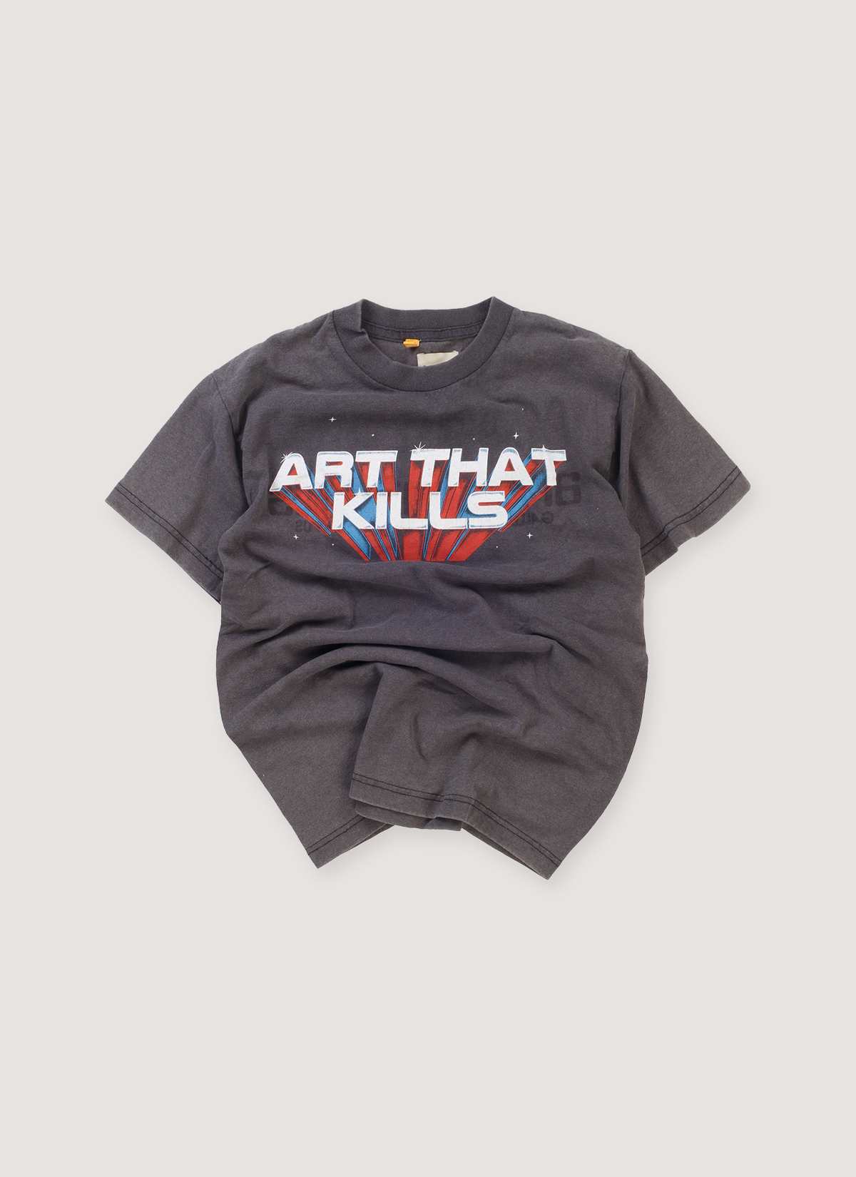 Gallery Dept. Art That Kills Reversible Tee Shirt Vintage Black (Pre-Owned) with printed logos, glitter print logo, vintage wash and fade, garment dye, reversible style, front view