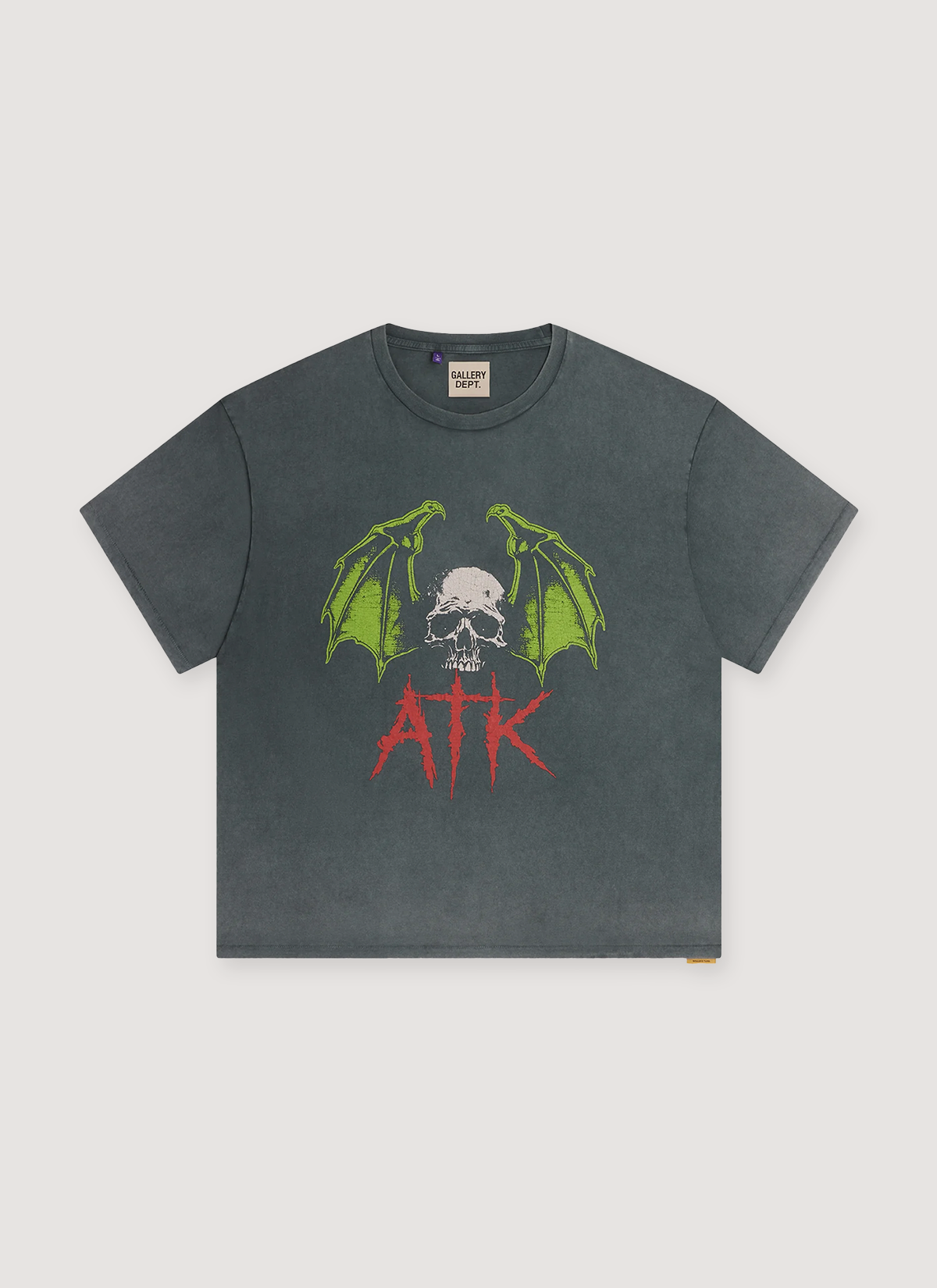 Gallery Dept. ATK Night Tee Vintage Black with graphic of skull with green wings and red text under it that says ATK, front view