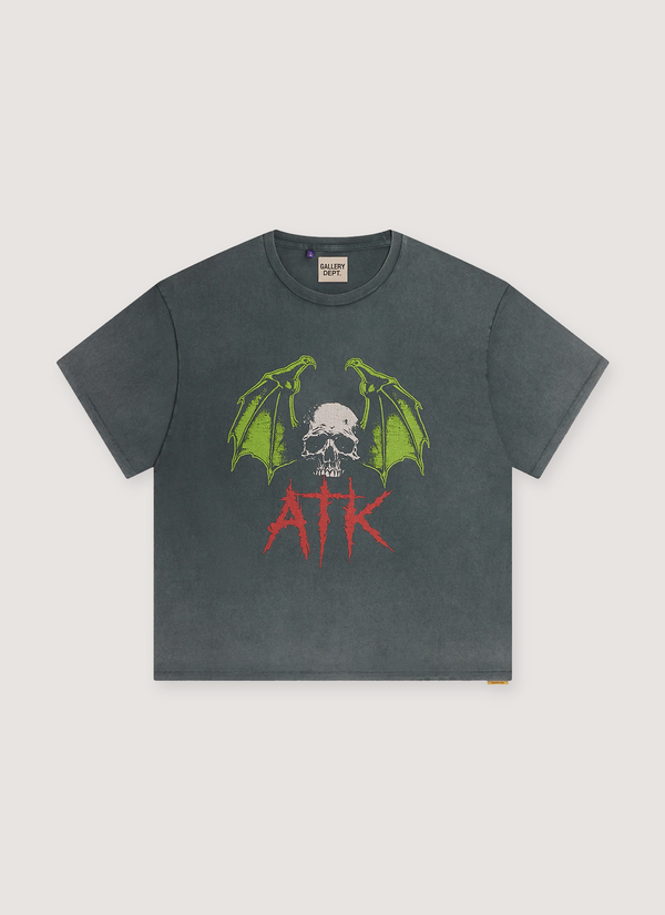 Gallery Dept. ATK Night Tee Vintage Black with graphic of skull with green wings and red text under it that says ATK, front view ATK Night Tee Vintage Black - Authenticated T-shirts | Pieces Los Angeles