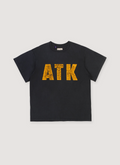 Gallery Dept Distressed ATK Tee Shirt Washed Black with vintage gold yellow text, front view Gallery Dept. Distressed ATK Tee Washed Black - Image 1 | Authenticated at Pieces Los Angeles