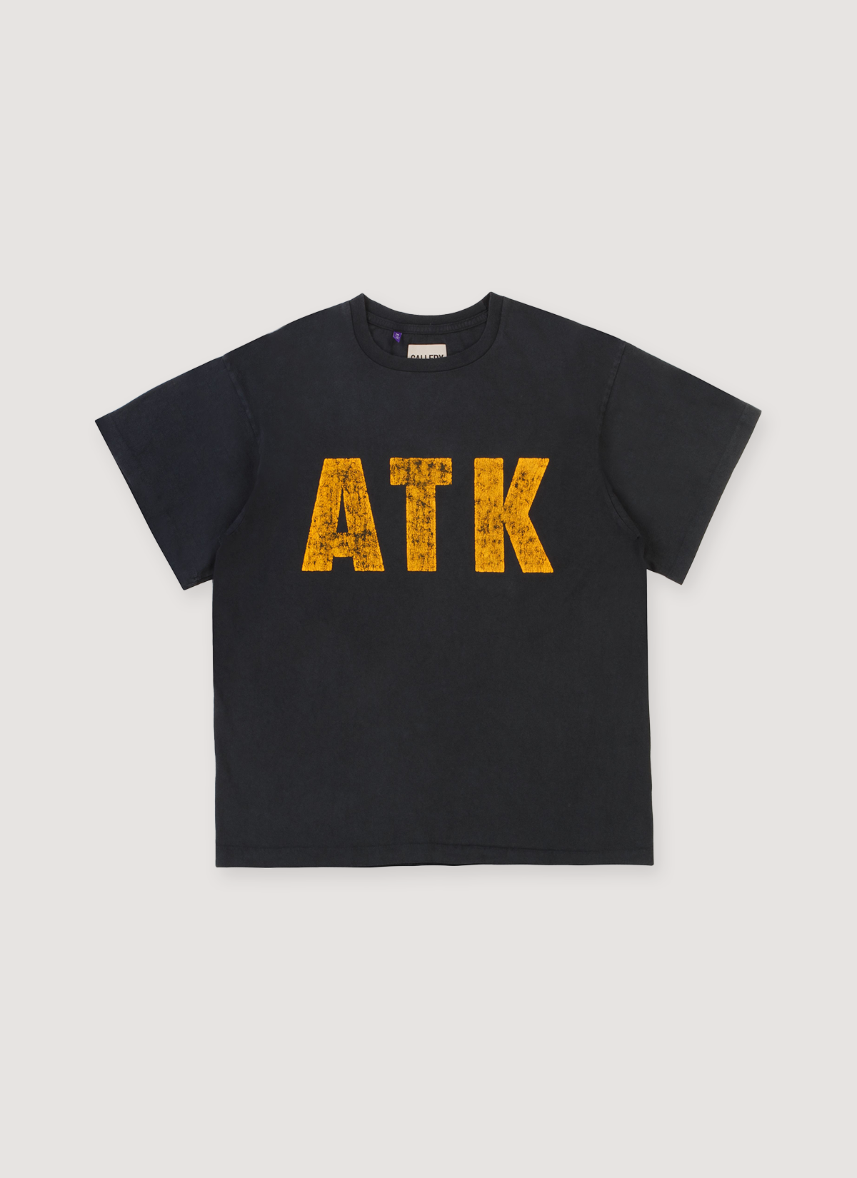 Gallery Dept Distressed ATK Tee Shirt Washed Black with vintage gold yellow text, front view