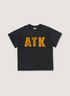 Gallery Dept Distressed ATK Tee Shirt Washed Black with vintage gold yellow text, front view