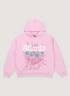 Sp5der Worldwide Atlanta Sweatshirt Pink hoodie with spiderweb graphic and blue and white stars, front view