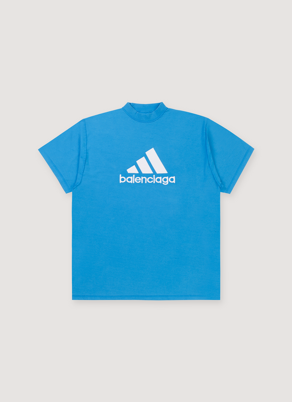 Balenciaga Adidas Oversized Logo Tee Blue shirt with white logos front view Adidas Oversized Logo Tee Blue - Authenticated T-shirts | Pieces Los Angeles