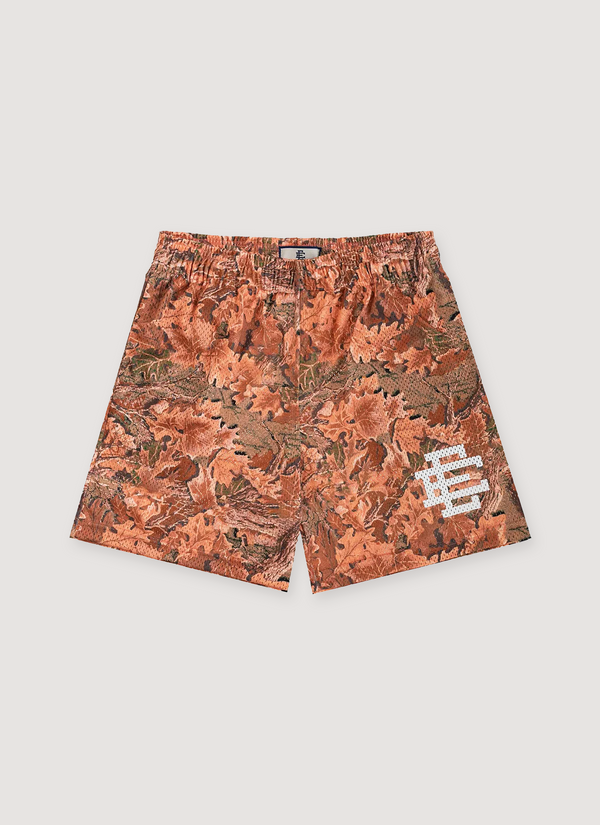 Eric Emanuel Basic Short Leaf Camo Orange camouflage design shorts front view Basic Short Leaf Camo Orange White - Authenticated Shorts | Pieces Los Angeles