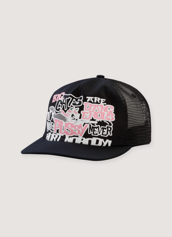 Pieces Big Cat mesh Trucker Hat Black Pink that says Big Cats Are Dangerous But A Little Pussy Never Hurt Nobody! front view Big Cat Trucker Hat Black Pink - Authenticated Hats | Pieces Los Angeles